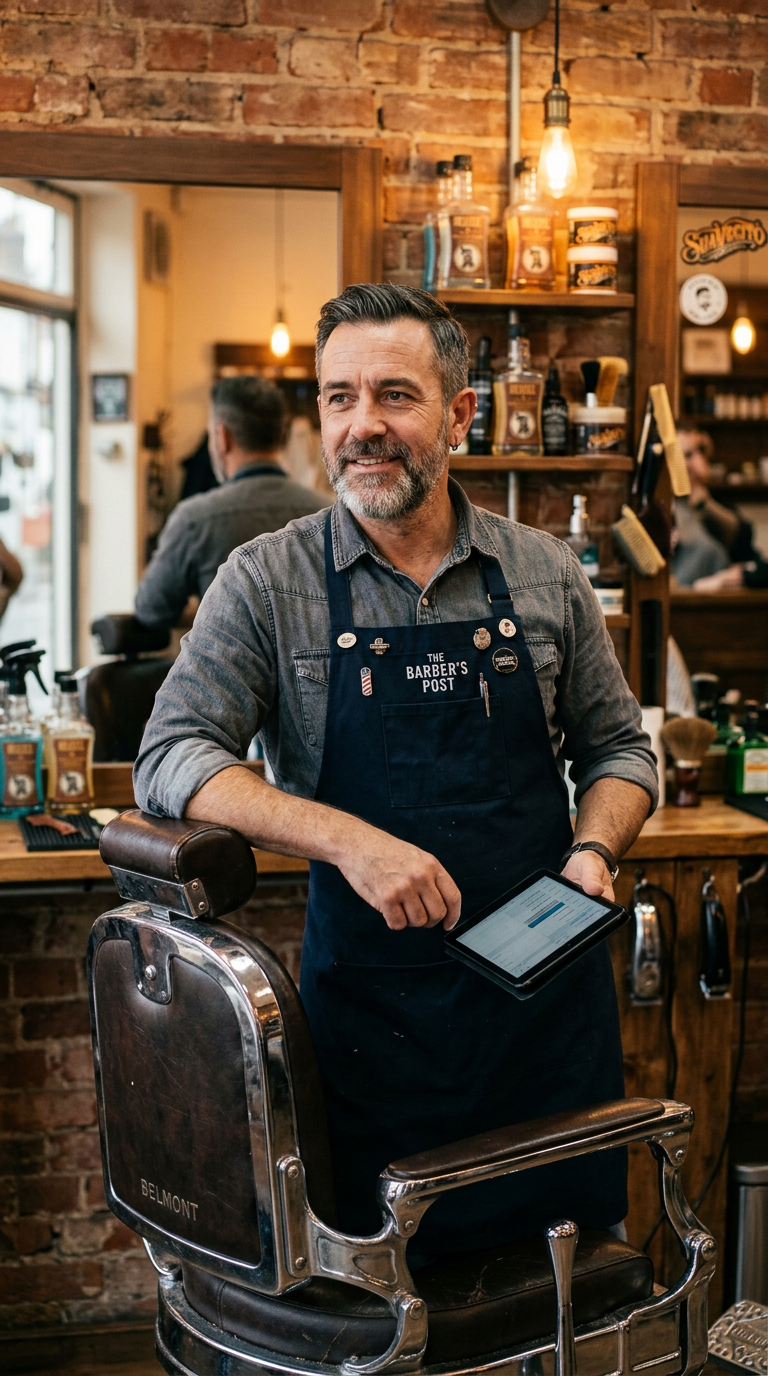 Illustrative barbershop owner holding a tablet